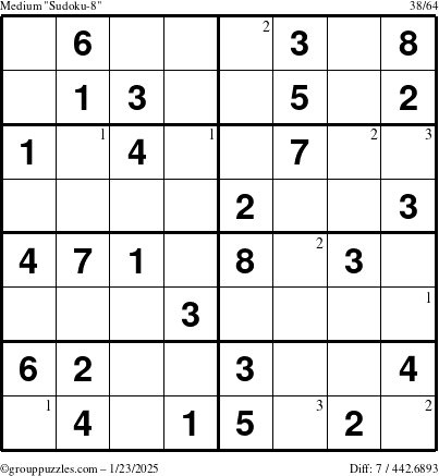 The grouppuzzles.com Medium Sudoku-8 puzzle for Thursday January 23, 2025 with the first 3 steps marked