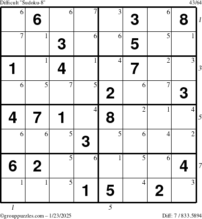 The grouppuzzles.com Difficult Sudoku-8 puzzle for Thursday January 23, 2025 with all 7 steps marked