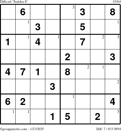 The grouppuzzles.com Difficult Sudoku-8 puzzle for Thursday January 23, 2025 with the first 3 steps marked