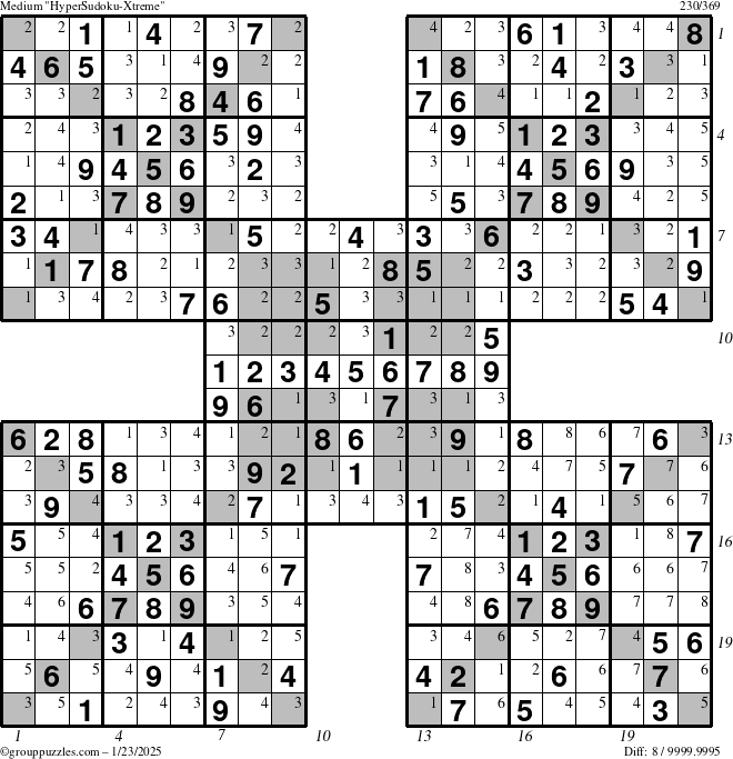 The grouppuzzles.com Medium cover-HyperXtreme puzzle for Thursday January 23, 2025 with all 8 steps marked