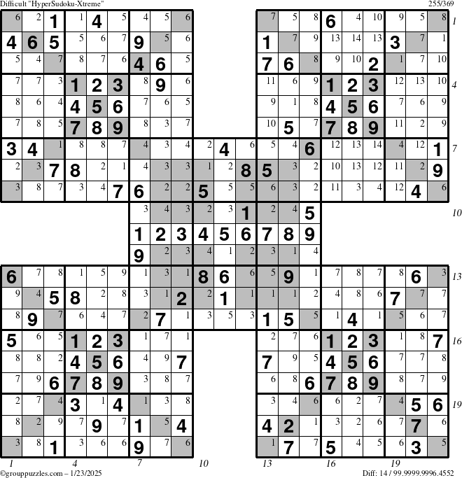 The grouppuzzles.com Difficult cover-HyperXtreme puzzle for Thursday January 23, 2025 with all 14 steps marked