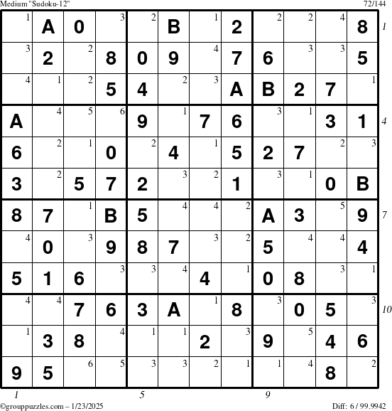 The grouppuzzles.com Medium Sudoku-12 puzzle for Thursday January 23, 2025, suitable for printing, with all 6 steps marked