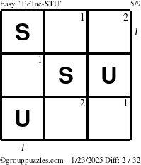 The grouppuzzles.com Easy TicTac-STU puzzle for Thursday January 23, 2025, suitable for printing, with all 2 steps marked