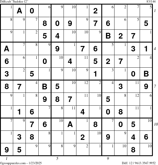 The grouppuzzles.com Difficult Sudoku-12 puzzle for Thursday January 23, 2025 with all 12 steps marked