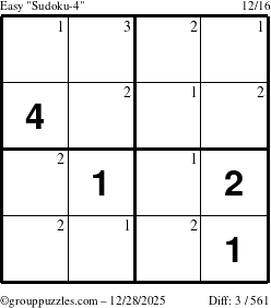 The grouppuzzles.com Easy Sudoku-4 puzzle for Sunday December 28, 2025 with the first 3 steps marked