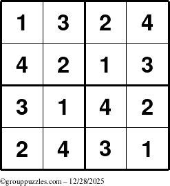 The grouppuzzles.com Answer grid for the Sudoku-4 puzzle for Sunday December 28, 2025