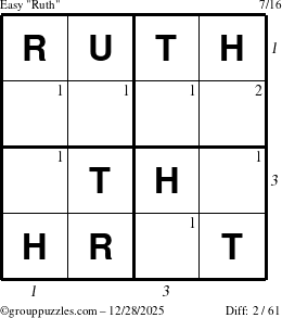 The grouppuzzles.com Easy Ruth puzzle for Sunday December 28, 2025 with all 2 steps marked