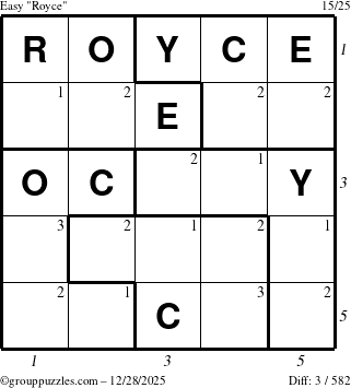 The grouppuzzles.com Easy Royce puzzle for Sunday December 28, 2025 with all 3 steps marked