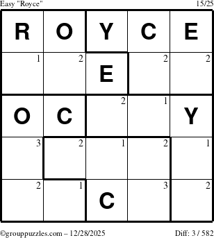 The grouppuzzles.com Easy Royce puzzle for Sunday December 28, 2025 with the first 3 steps marked