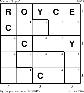 The grouppuzzles.com Medium Royce puzzle for Sunday December 28, 2025 with all 4 steps marked