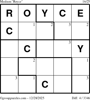 The grouppuzzles.com Medium Royce puzzle for Sunday December 28, 2025 with the first 3 steps marked