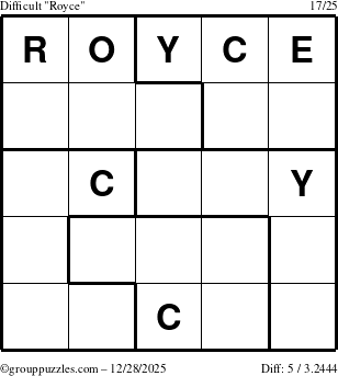 The grouppuzzles.com Difficult Royce puzzle for Sunday December 28, 2025