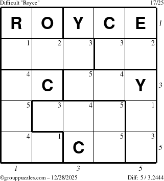 The grouppuzzles.com Difficult Royce puzzle for Sunday December 28, 2025 with all 5 steps marked