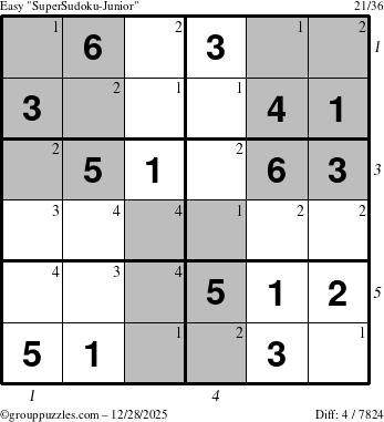 The grouppuzzles.com Easy SuperSudoku-Junior puzzle for Sunday December 28, 2025 with all 4 steps marked