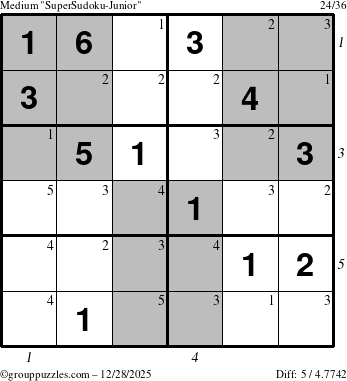The grouppuzzles.com Medium SuperSudoku-Junior puzzle for Sunday December 28, 2025 with all 5 steps marked