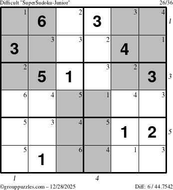 The grouppuzzles.com Difficult SuperSudoku-Junior puzzle for Sunday December 28, 2025, suitable for printing, with all 6 steps marked