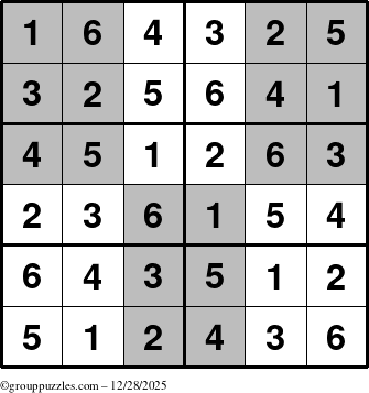 The grouppuzzles.com Answer grid for the SuperSudoku-Junior puzzle for Sunday December 28, 2025