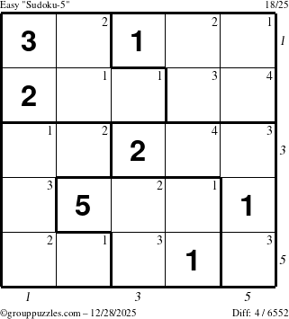 The grouppuzzles.com Easy Sudoku-5 puzzle for Sunday December 28, 2025, suitable for printing, with all 4 steps marked