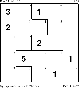 The grouppuzzles.com Easy Sudoku-5 puzzle for Sunday December 28, 2025 with the first 3 steps marked