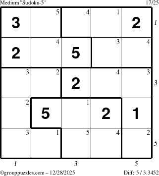 The grouppuzzles.com Medium Sudoku-5 puzzle for Sunday December 28, 2025 with all 5 steps marked