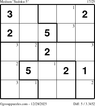 The grouppuzzles.com Medium Sudoku-5 puzzle for Sunday December 28, 2025 with the first 3 steps marked