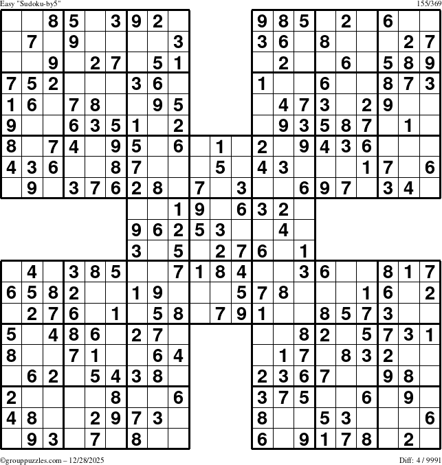 The grouppuzzles.com Easy Sudoku-by5 puzzle for Sunday December 28, 2025