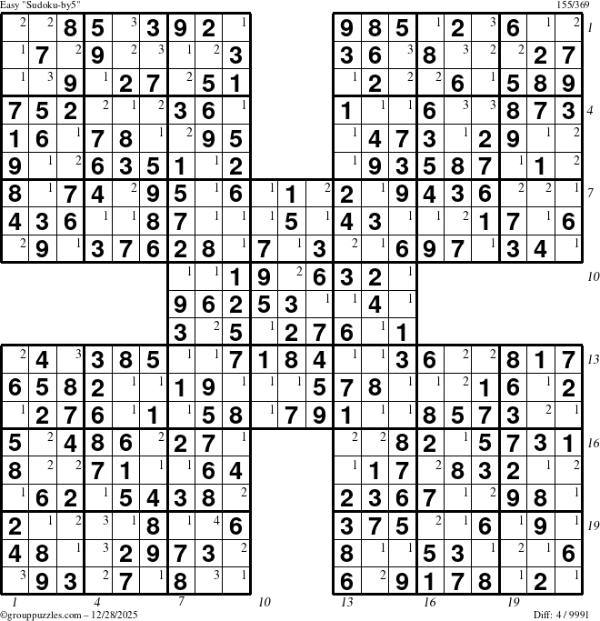 The grouppuzzles.com Easy Sudoku-by5 puzzle for Sunday December 28, 2025 with all 4 steps marked