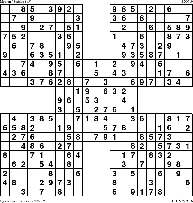 The grouppuzzles.com Medium Sudoku-by5 puzzle for Sunday December 28, 2025
