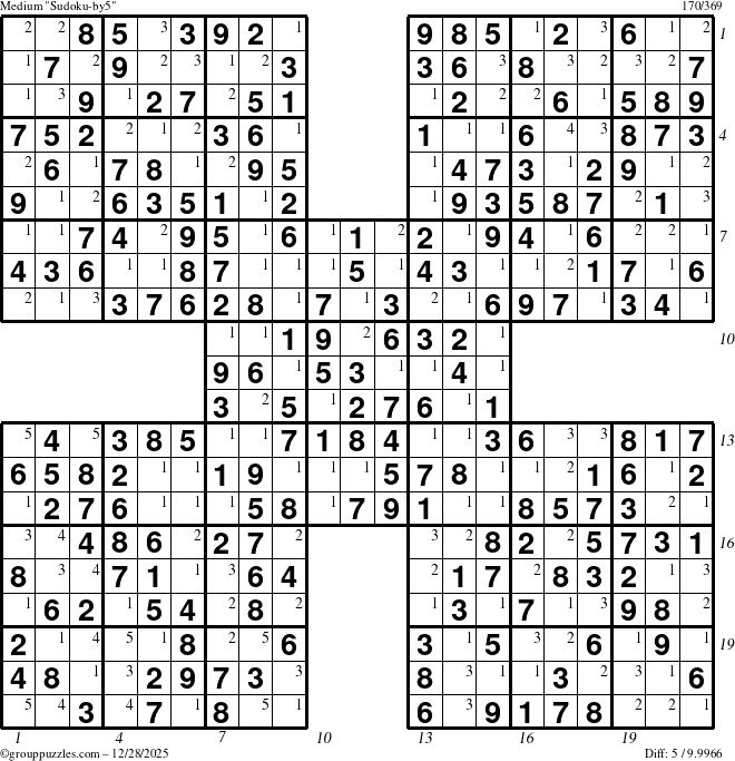 The grouppuzzles.com Medium Sudoku-by5 puzzle for Sunday December 28, 2025, suitable for printing, with all 5 steps marked