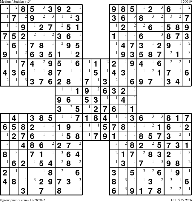 The grouppuzzles.com Medium Sudoku-by5 puzzle for Sunday December 28, 2025 with the first 3 steps marked