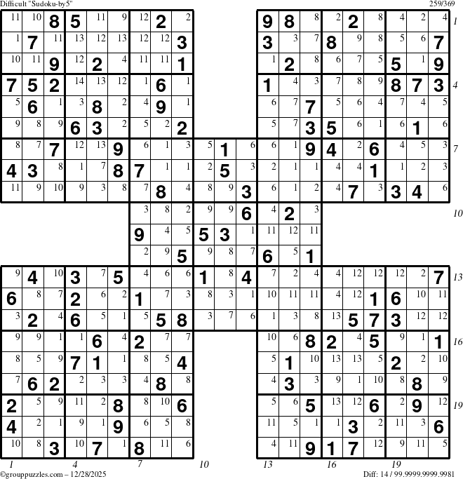 The grouppuzzles.com Difficult Sudoku-by5 puzzle for Sunday December 28, 2025 with all 14 steps marked