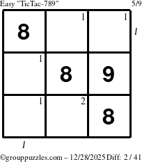 The grouppuzzles.com Easy TicTac-789 puzzle for Sunday December 28, 2025 with all 2 steps marked