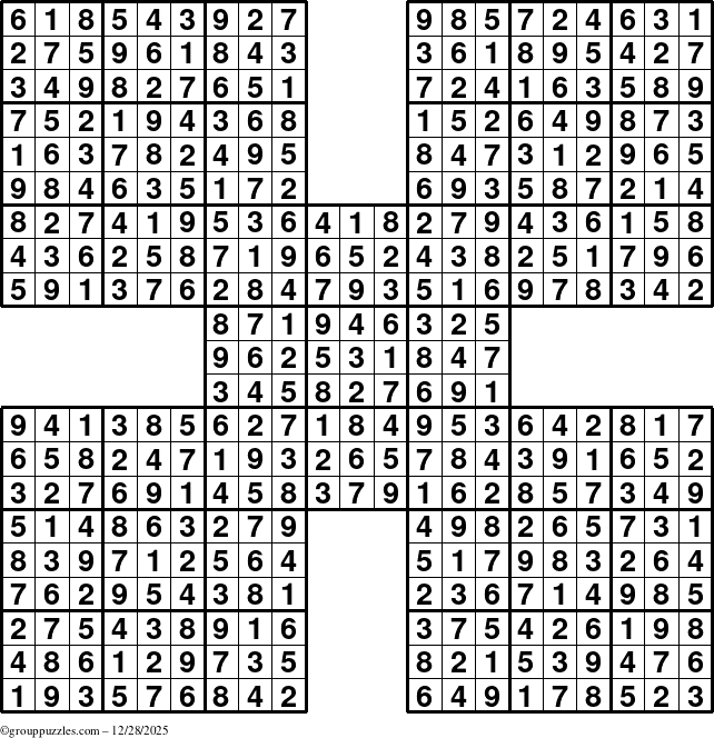 The grouppuzzles.com Answer grid for the Sudoku-by5 puzzle for Sunday December 28, 2025