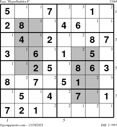 The grouppuzzles.com Easy HyperSudoku-8 puzzle for Sunday December 28, 2025 with all 3 steps marked