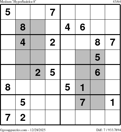 The grouppuzzles.com Medium HyperSudoku-8 puzzle for Sunday December 28, 2025