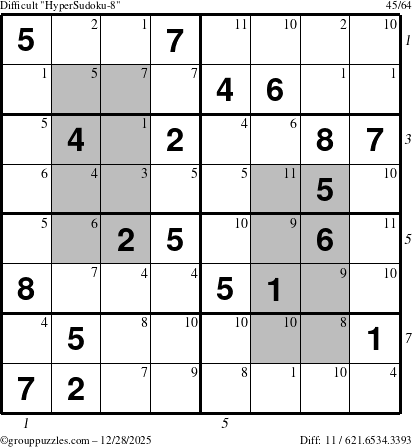 The grouppuzzles.com Difficult HyperSudoku-8 puzzle for Sunday December 28, 2025, suitable for printing, with all 11 steps marked