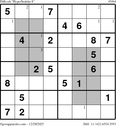 The grouppuzzles.com Difficult HyperSudoku-8 puzzle for Sunday December 28, 2025 with the first 3 steps marked