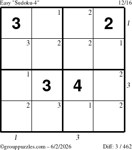 The grouppuzzles.com Easy Sudoku-4 puzzle for Tuesday June 2, 2026, suitable for printing, with all 3 steps marked
