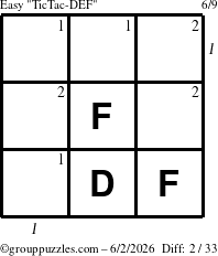 The grouppuzzles.com Easy TicTac-DEF puzzle for Tuesday June 2, 2026 with all 2 steps marked