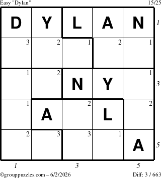 The grouppuzzles.com Easy Dylan puzzle for Tuesday June 2, 2026, suitable for printing, with all 3 steps marked