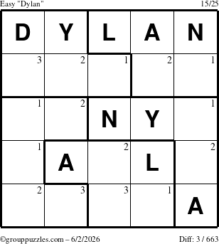The grouppuzzles.com Easy Dylan puzzle for Tuesday June 2, 2026 with the first 3 steps marked