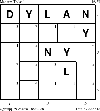 The grouppuzzles.com Medium Dylan puzzle for Tuesday June 2, 2026, suitable for printing, with all 6 steps marked