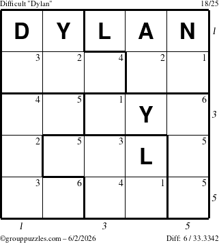 The grouppuzzles.com Difficult Dylan puzzle for Tuesday June 2, 2026, suitable for printing, with all 6 steps marked