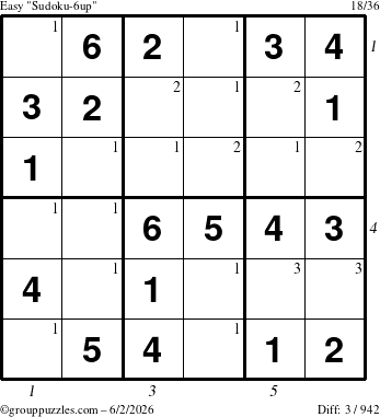 The grouppuzzles.com Easy Sudoku-6up puzzle for Tuesday June 2, 2026 with all 3 steps marked