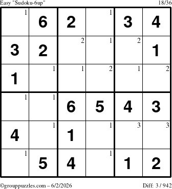 The grouppuzzles.com Easy Sudoku-6up puzzle for Tuesday June 2, 2026 with the first 3 steps marked