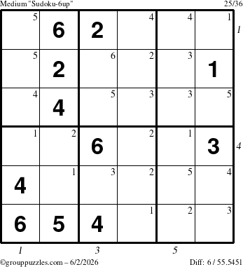 The grouppuzzles.com Medium Sudoku-6up puzzle for Tuesday June 2, 2026 with all 6 steps marked