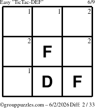 The grouppuzzles.com Easy TicTac-DEF puzzle for Tuesday June 2, 2026 with the first 2 steps marked