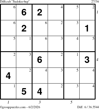 The grouppuzzles.com Difficult Sudoku-6up puzzle for Tuesday June 2, 2026 with all 6 steps marked