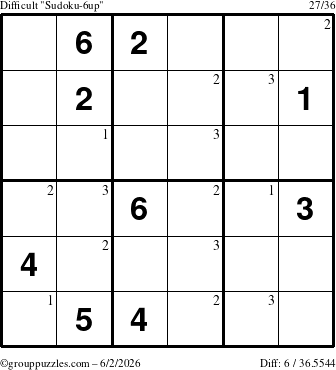 The grouppuzzles.com Difficult Sudoku-6up puzzle for Tuesday June 2, 2026 with the first 3 steps marked
