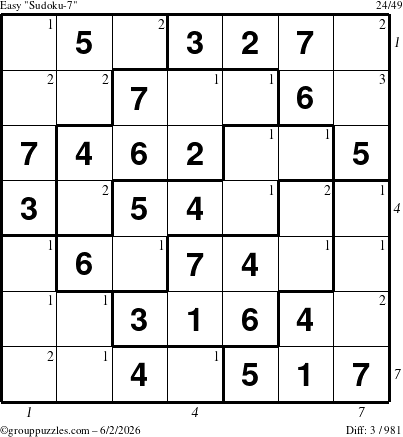 The grouppuzzles.com Easy Sudoku-7 puzzle for Tuesday June 2, 2026 with all 3 steps marked
